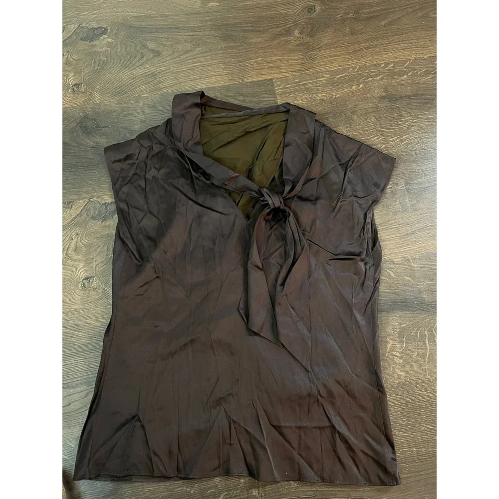 Veronica Beard Brown Silk Blend Tie Neck Sleeveless Top Blouse 2 2409FL5040909